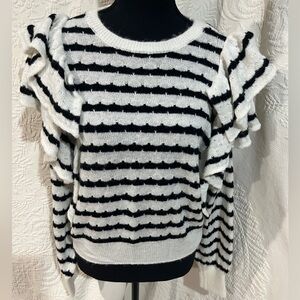 Chelsea & Violet Black and White Striped Ruffle Sweater